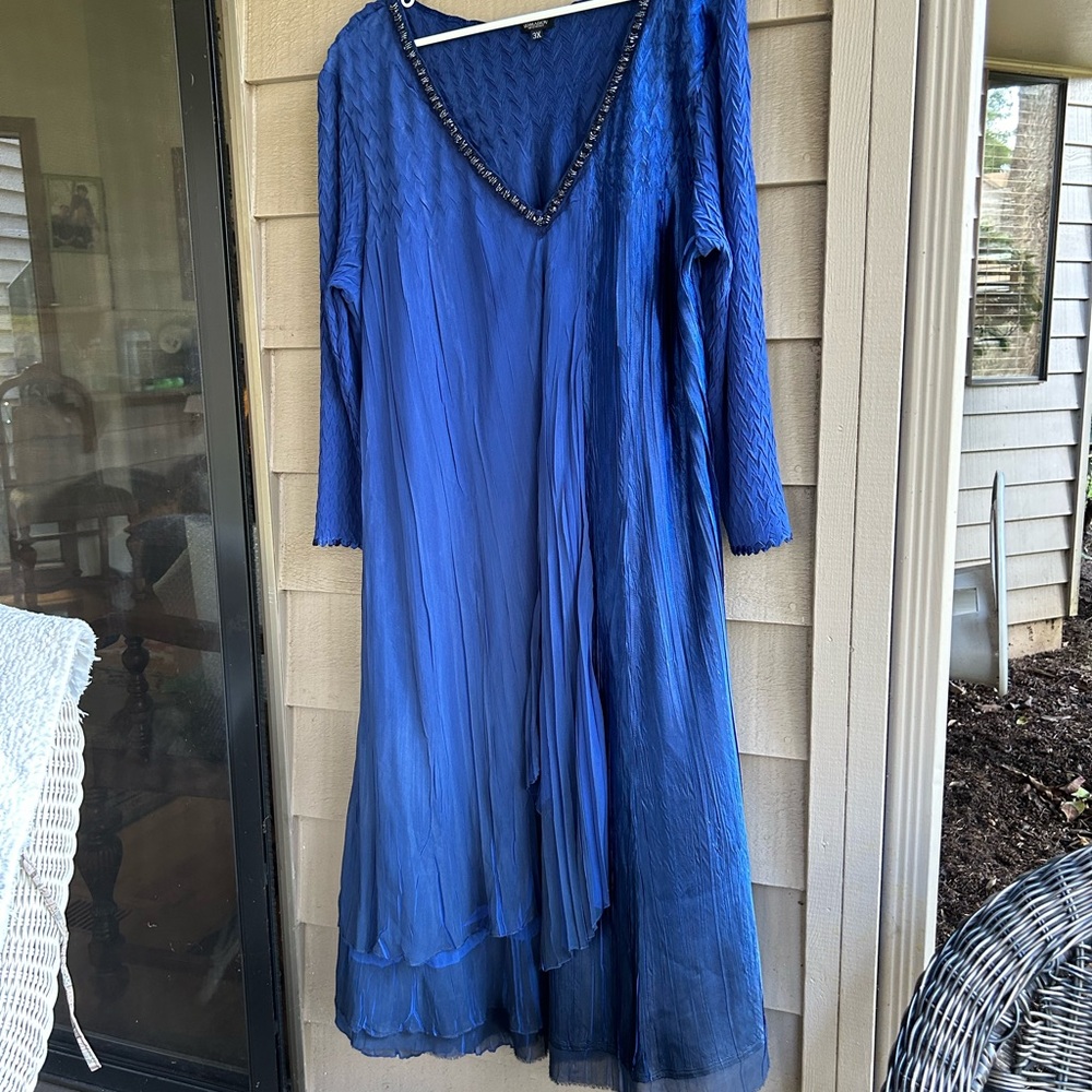 Kamarov dress sheer shimmer luminous crinkle blue layered Sz plus 3X